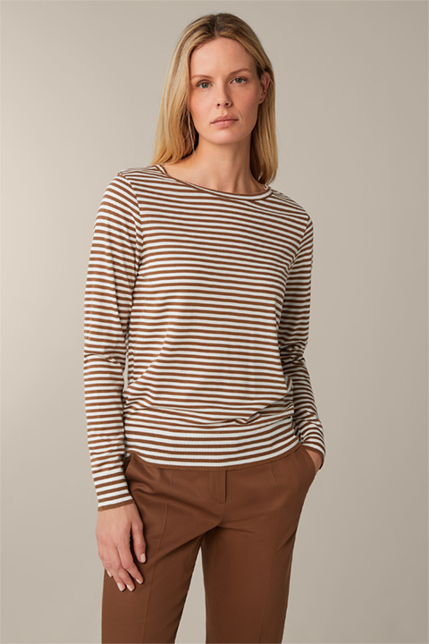 Tencel Cotton Long-sleeved Top in a Caramel and Ecru Stripe