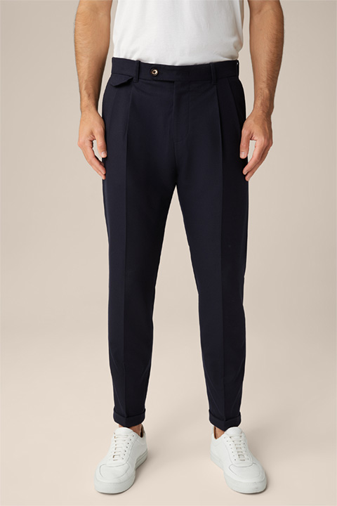 Sapo Wool Blend Trousers with Pleat-Front and Turn-up in Navy