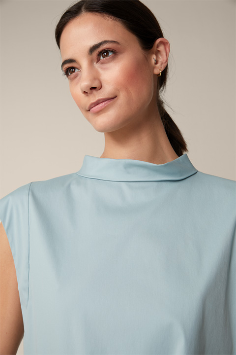 Cotton Stretch Blouse with Stand-up Collar in Light Blue
