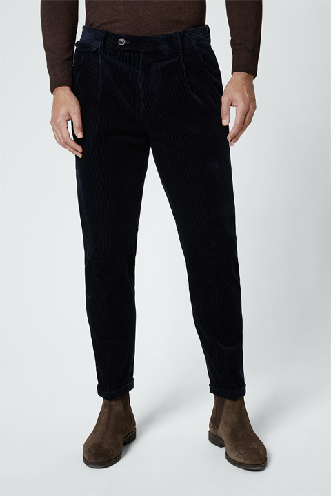 Cord-Bundfalten-Hose Sapo mit Umschlag in Navy