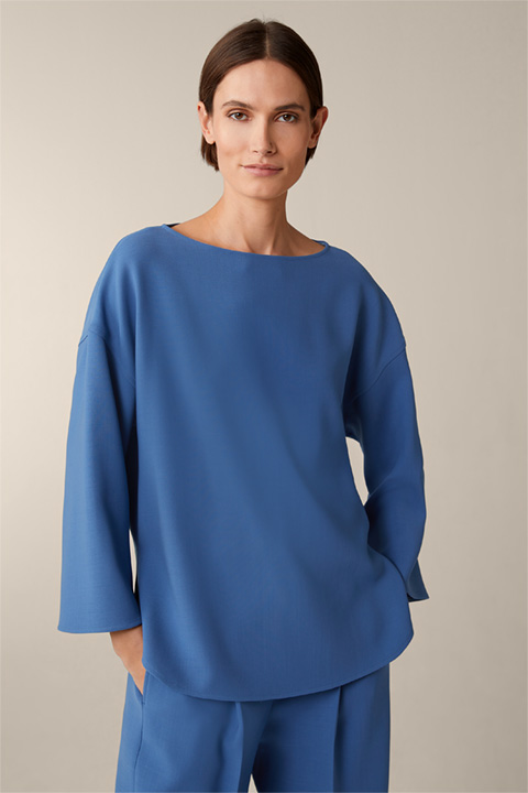 Wollcrêpe-Long-Bluse mit Seitenschlitz in Blau