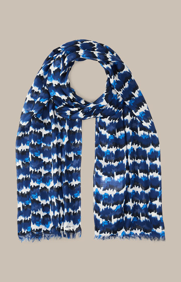 Printed Modal Scarf in a Navy, Blue and Ecru Pattern