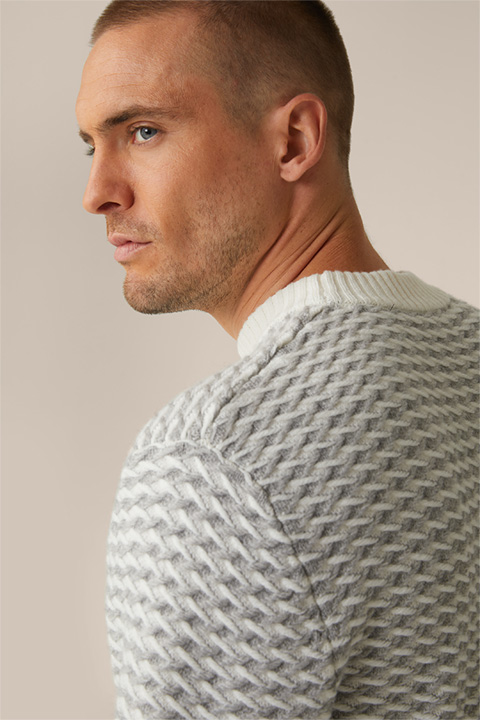 Textured Virgin Wool Round Neck Amilo Pullover with Cashmere in Ecru and Grey