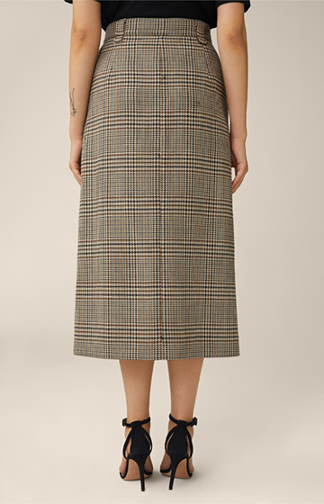 Virgin Wool Pencil Midi Skirt in Beige, Black and Brown Check
