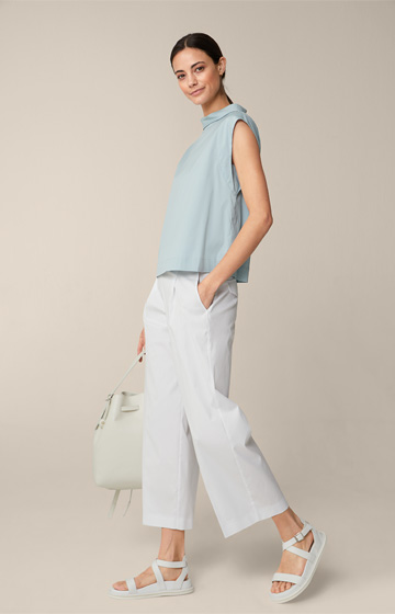 Cotton Stretch Blouse with Stand-up Collar in Light Blue
