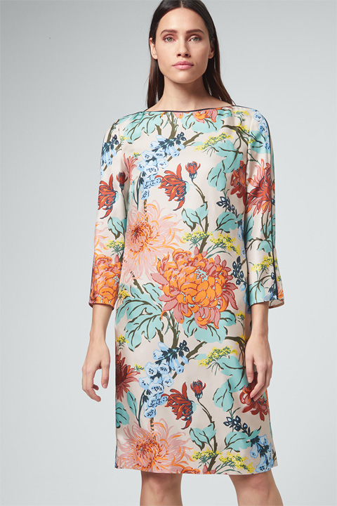Seidenkleid in Beige mit buntem Flower-Print
