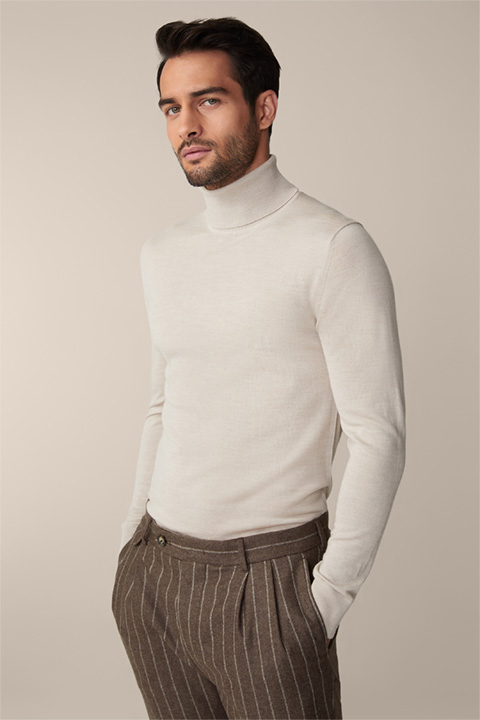 Nando Virgin Wool Roll Neck Pullover with Silk and Cashmere in Light Beige