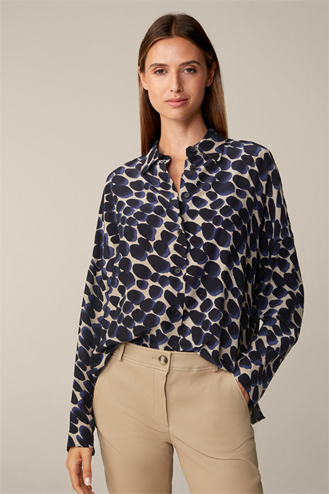 Viscose and Silk Mix Shirt-style Blouse in a Beige and Navy Pattern