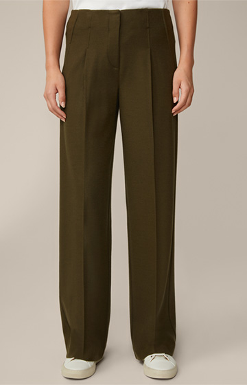 Wool Jersey Marlene Trousers with Pleat Front in Olive