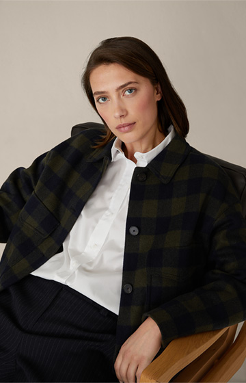 Wool-blend Short Jacket in a Navy and Olive Pattern