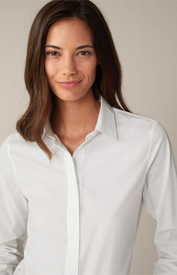 Cotton Stretch Blouse with Shirt Collar in White